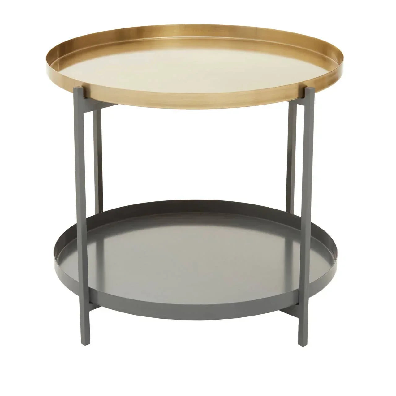 Round side table with gold top tray, lower grey shelf and metal legs