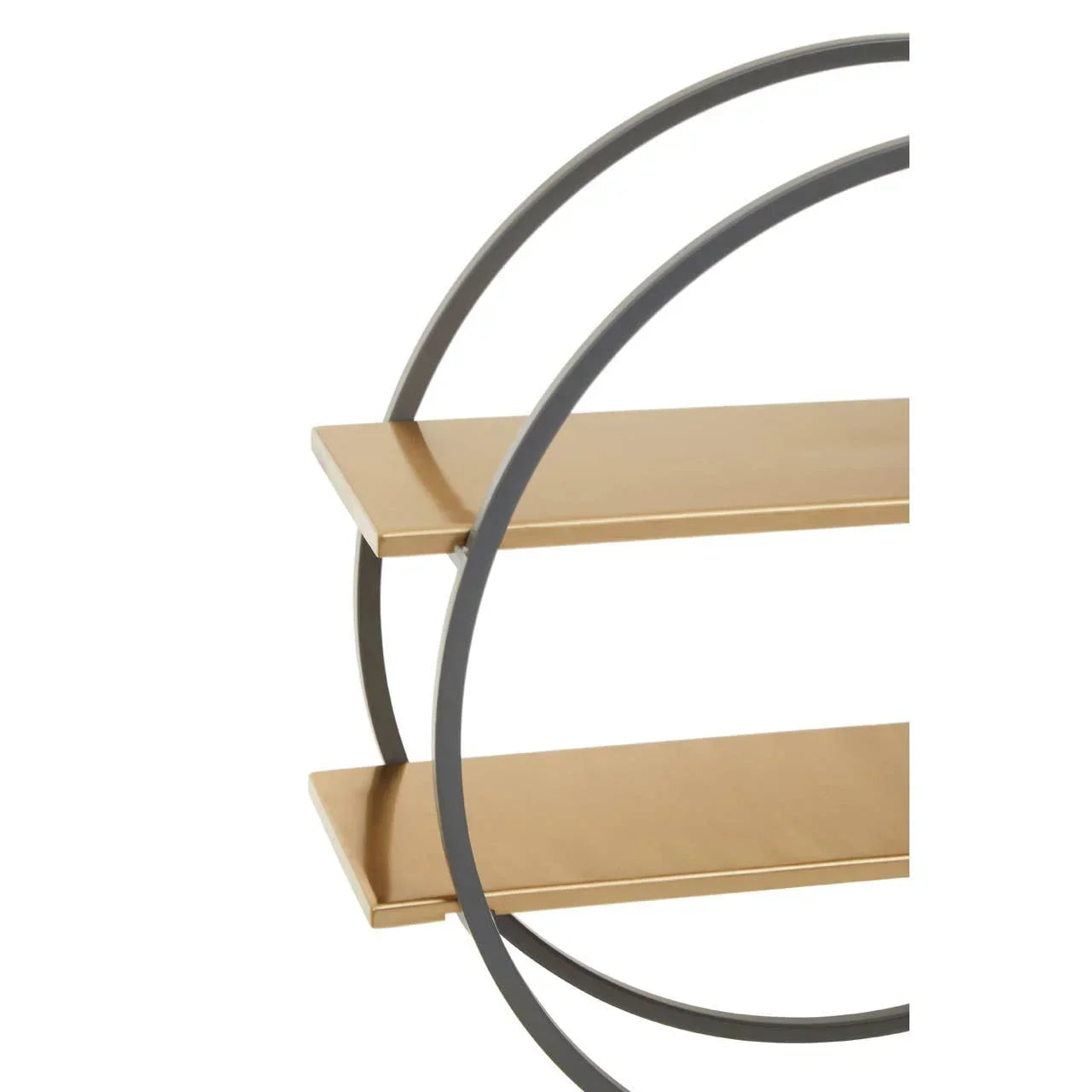 Gold metal shelving unit with circular black frame and two shelves, side close-up view