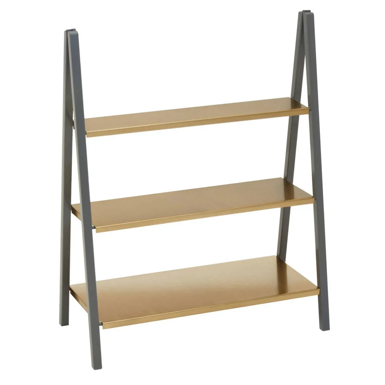 Three tier gold shelf unit with grey angled frame, modern open shelving design