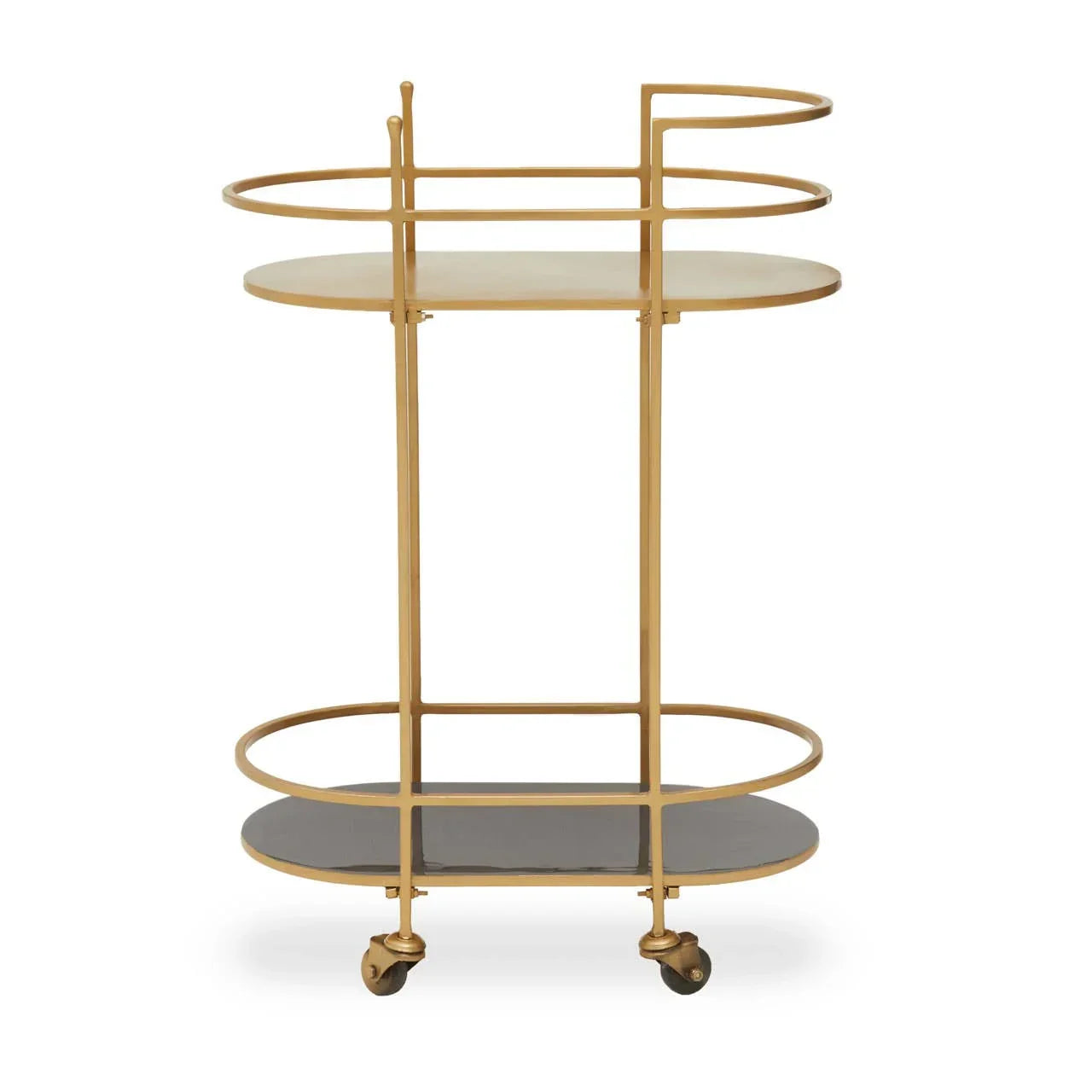 Gold metal bar cart with two shelves and caster wheels, front angle view