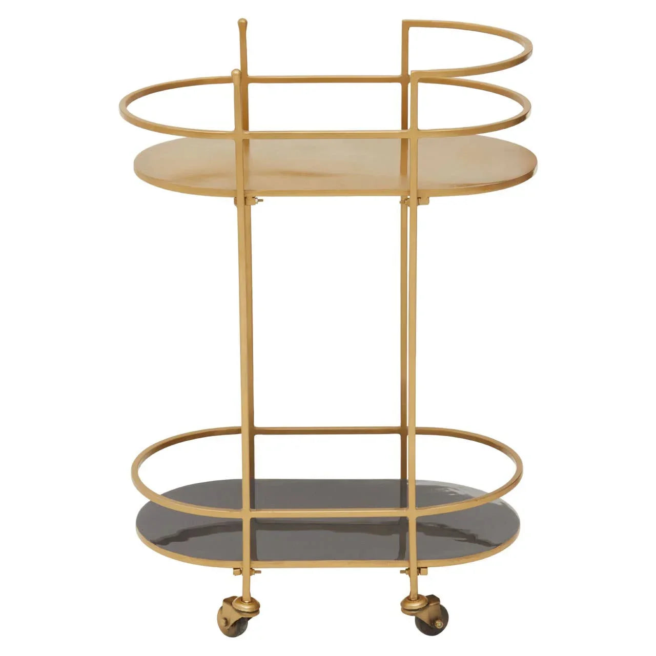 Gold metal drinks trolley with two shelves and wheels, shown from front angle