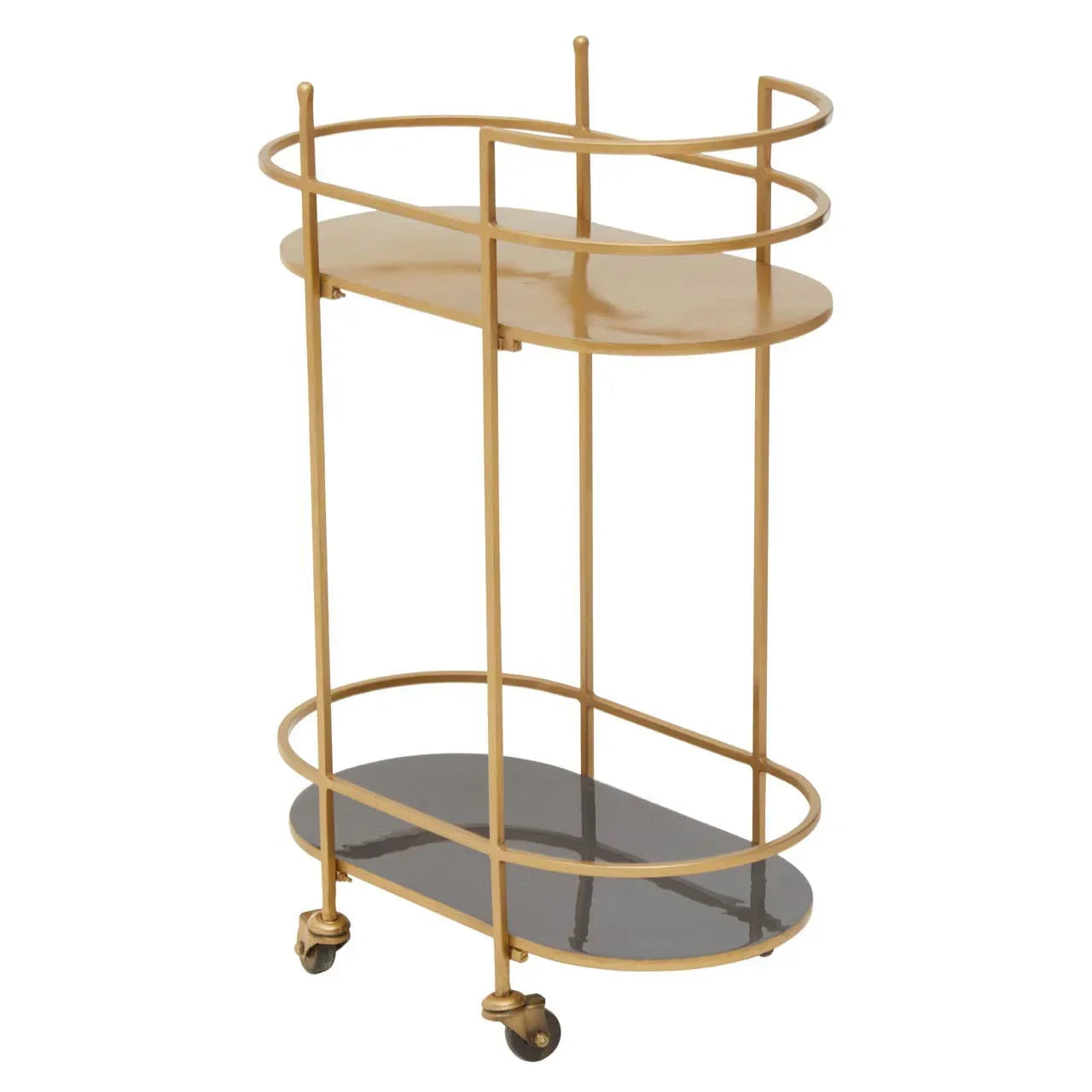 Gold metal bar cart with two shelves and black lower tray on caster wheels