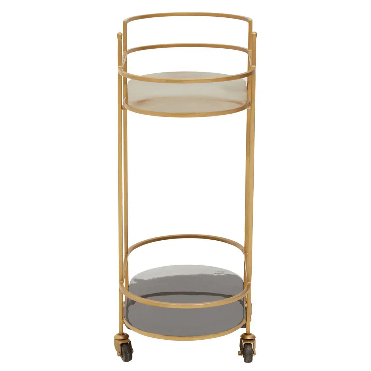Gold metal drinks trolley with two shelves and caster wheels