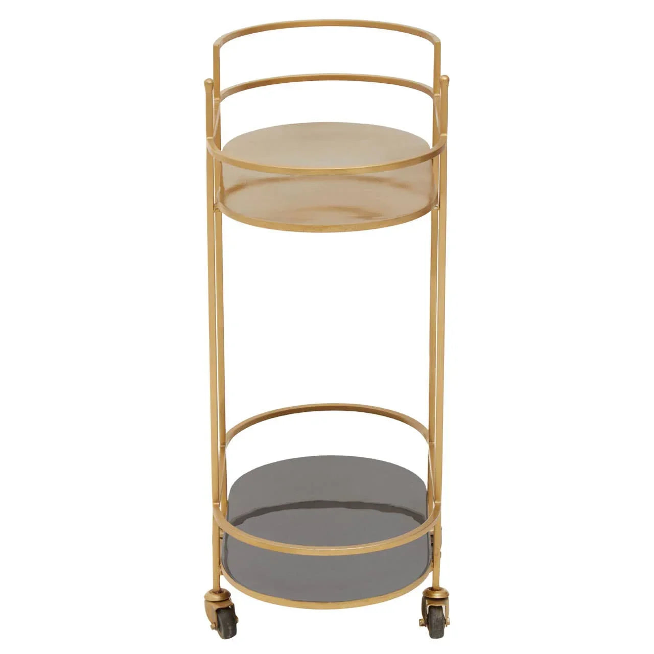 Gold metal drinks trolley with round shelves and caster wheels, front view