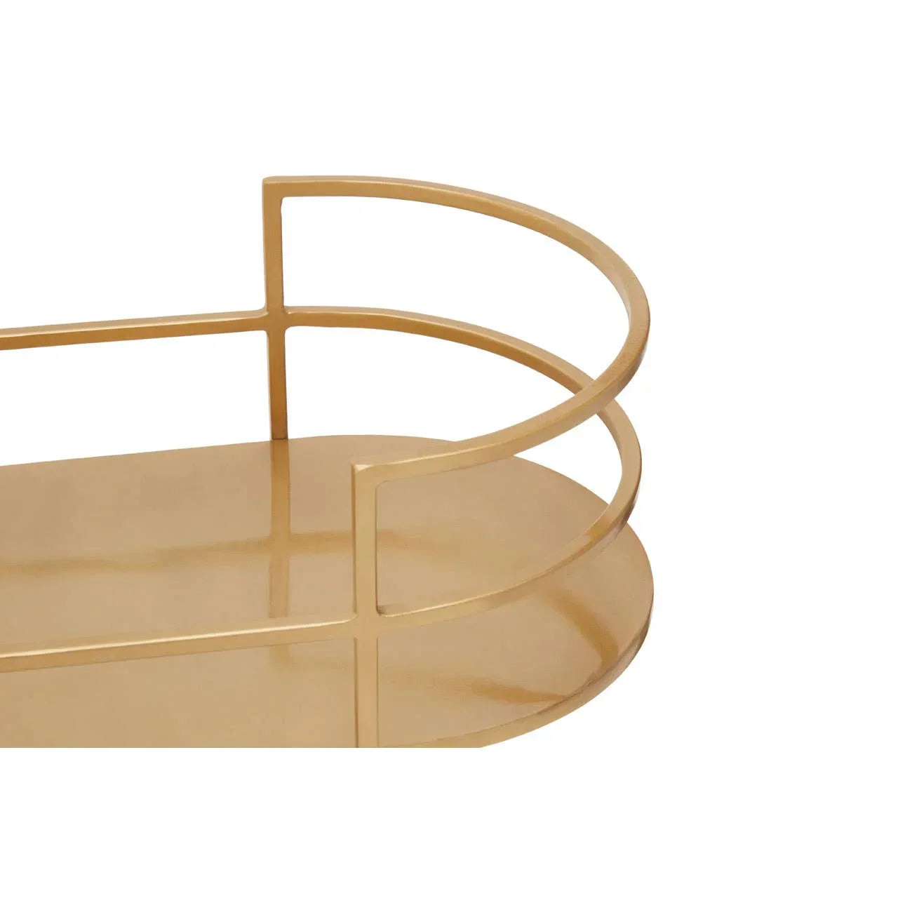 Gold metal tray with raised sides and modern round design, closeup of edge details