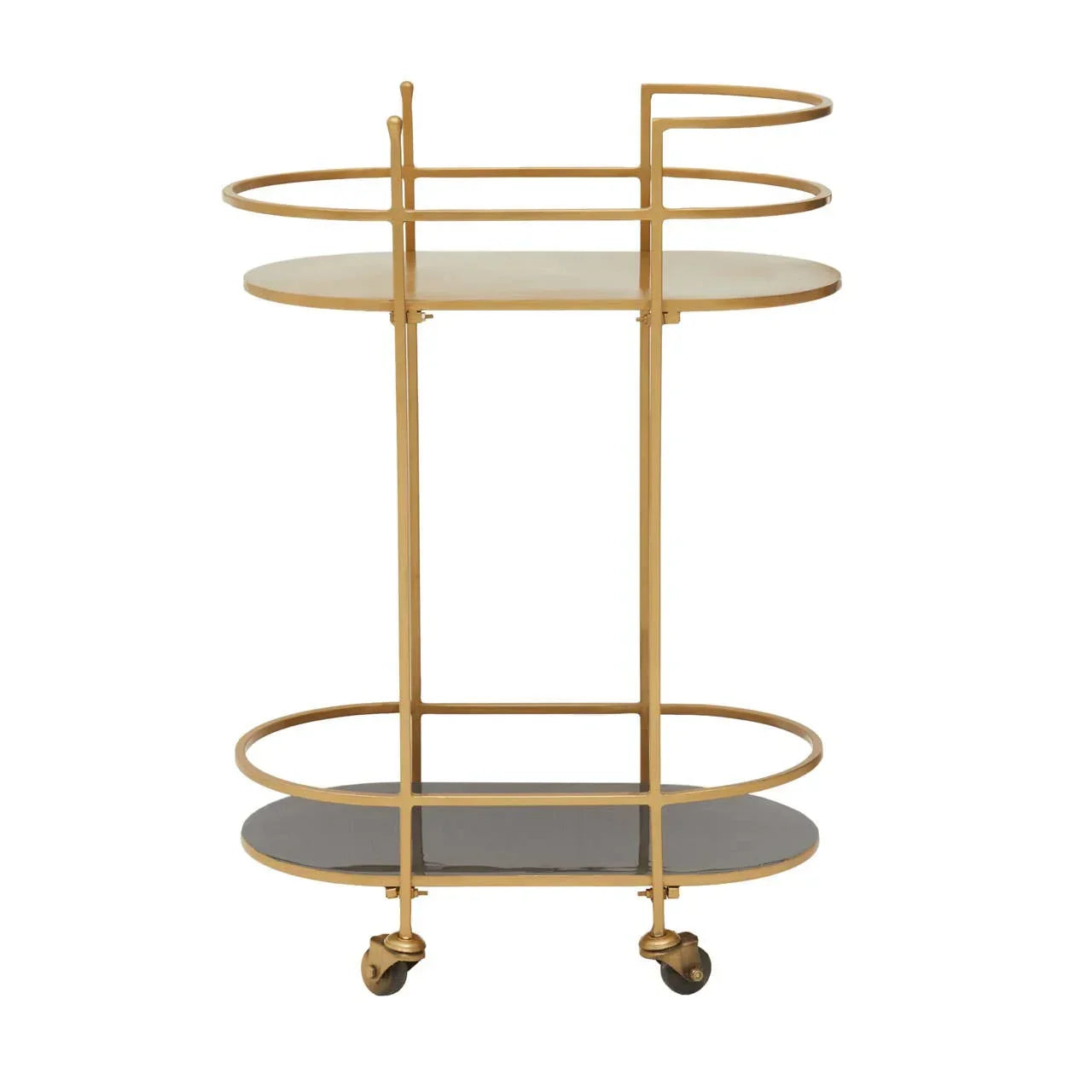 Gold metal bar trolley with two shelves and black lower shelf on wheels