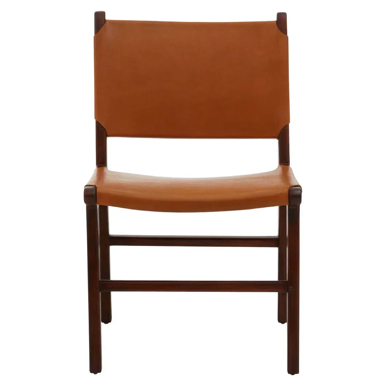 Brown leather dining chair with dark wood frame, straight front view