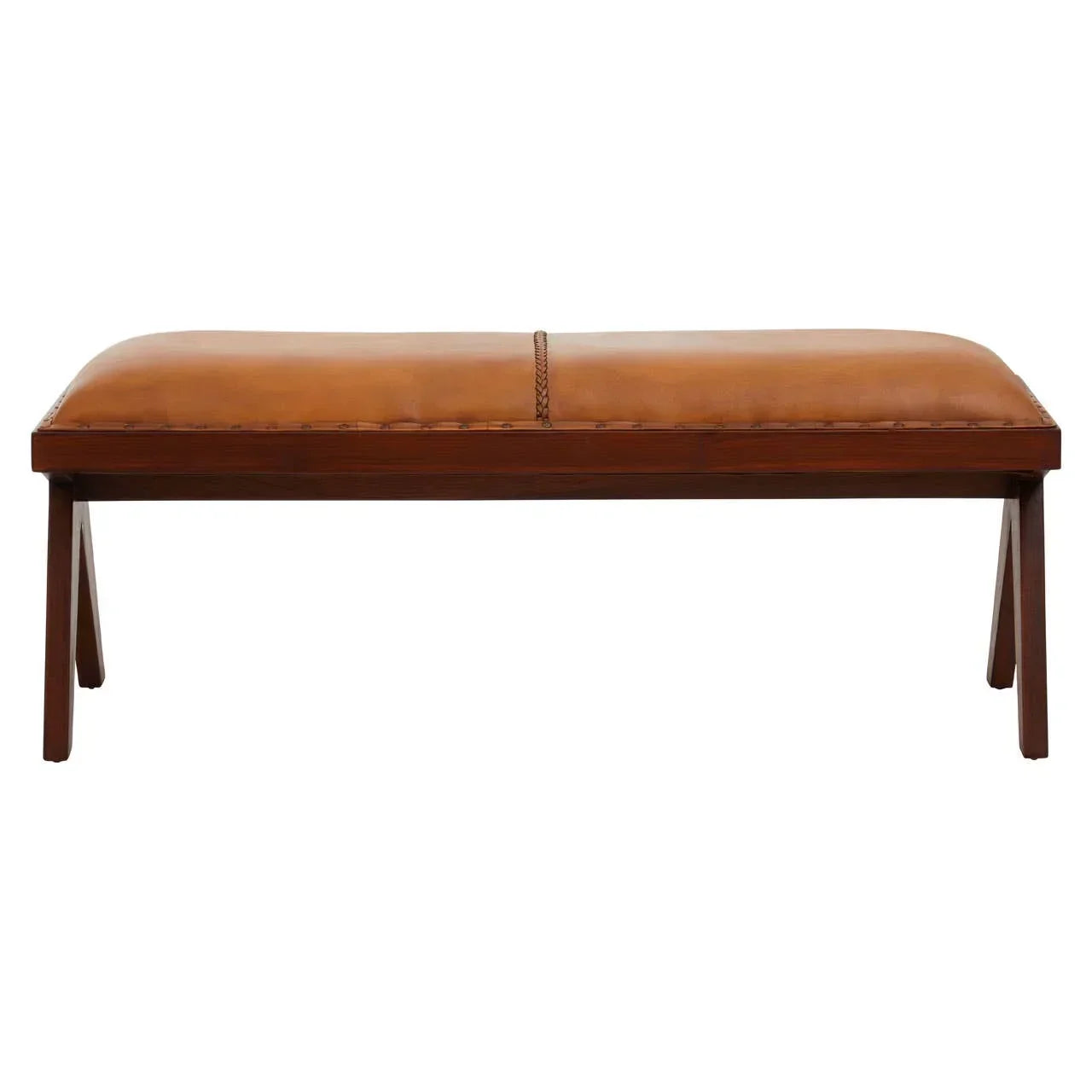 Brown leather bench with wooden legs, front view