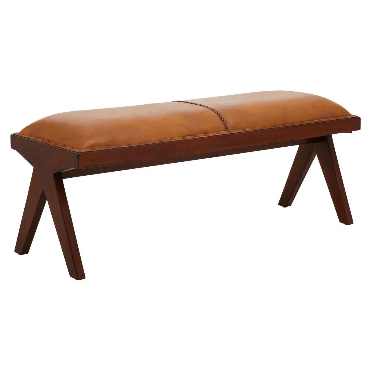 Tan leather bench with wooden legs and stitched detailing, photographed at an angle