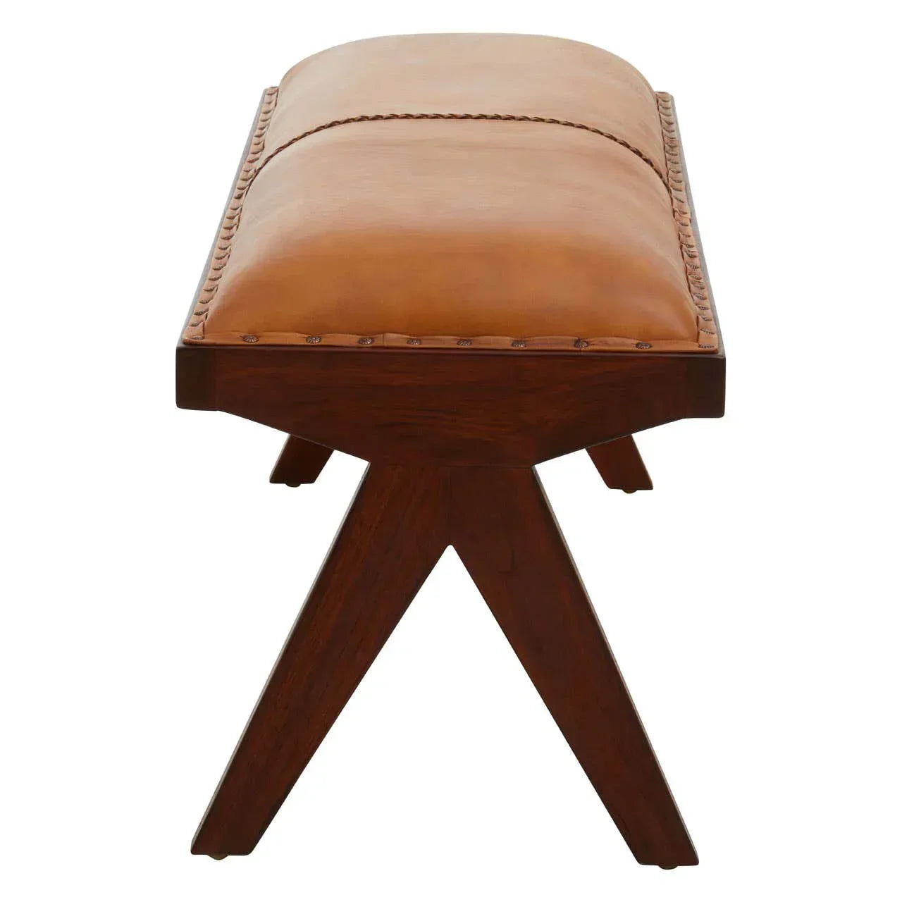 Tan leather bench with wooden X-frame legs, front angle view