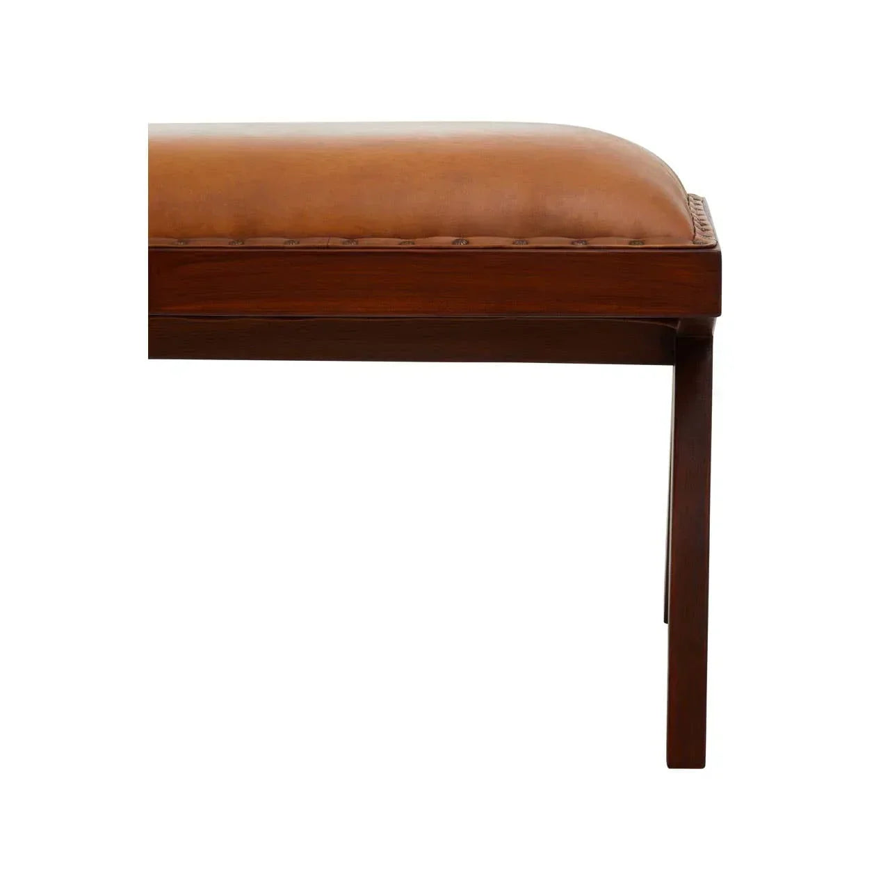 Brown leather bench seat with dark wooden legs, close up side view