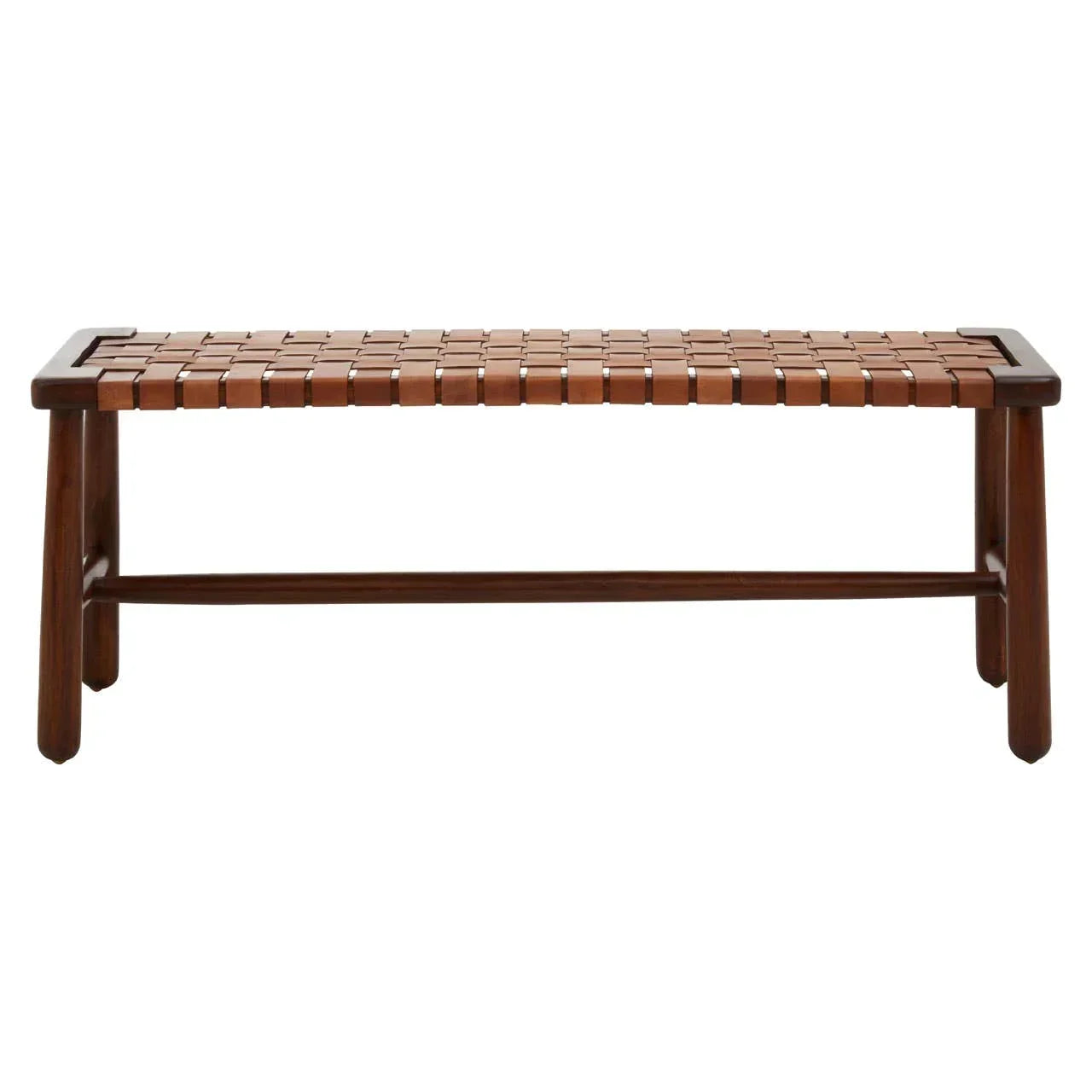 Rectangular wooden bench with slatted seat and sturdy legs, front view