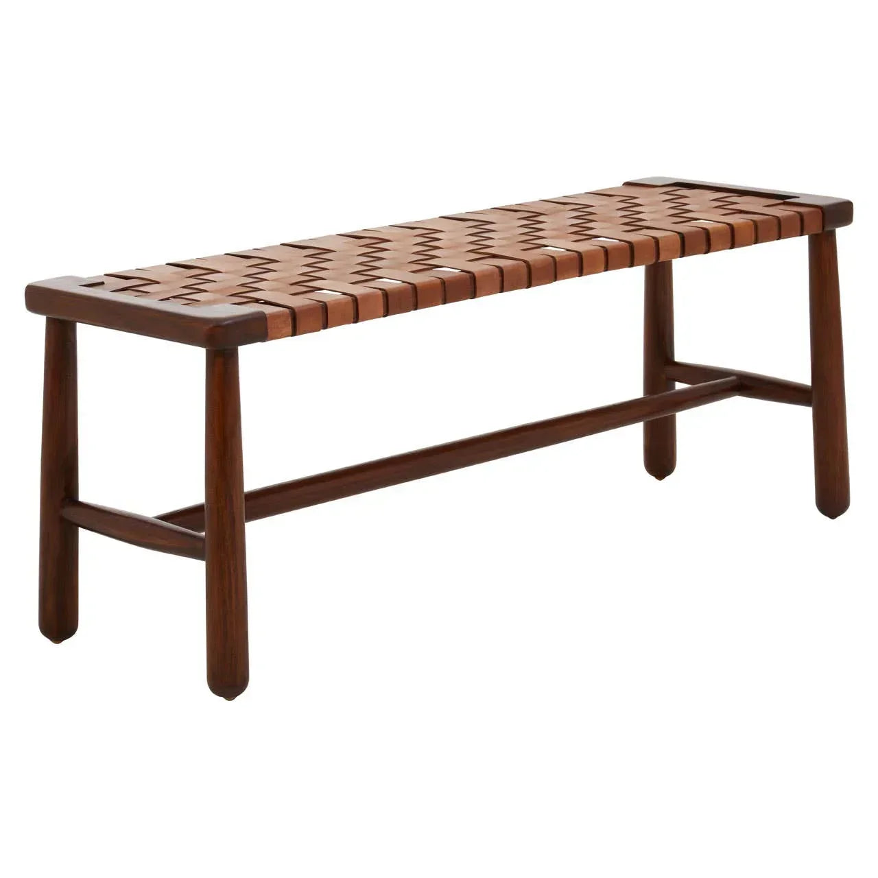 Rectangular wooden bench with woven leather seat and dark wood legs, angled side view