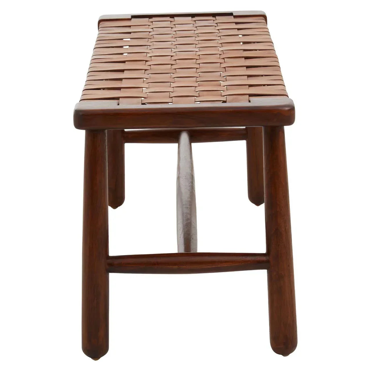 Woven leather bench seat with wooden legs, shown from front view