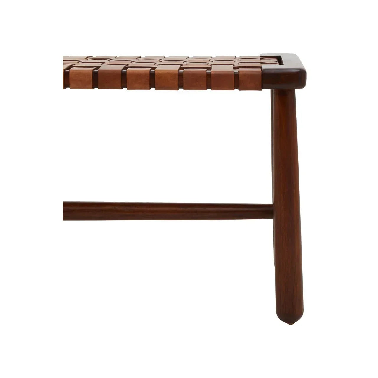 Closeup of wooden bench with woven leather seat and angled leg detail