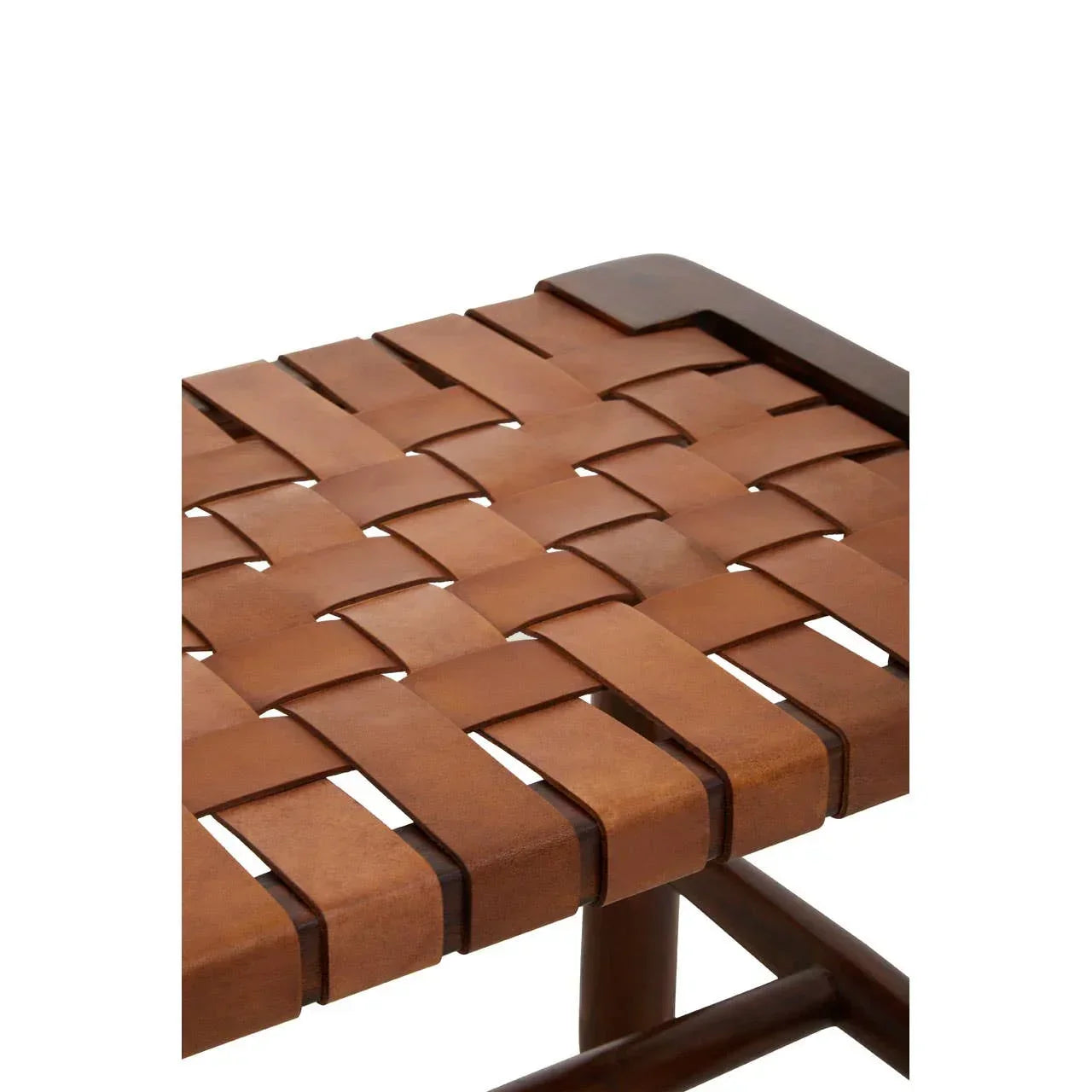 Closeup of woven leather seat on wooden dining chair