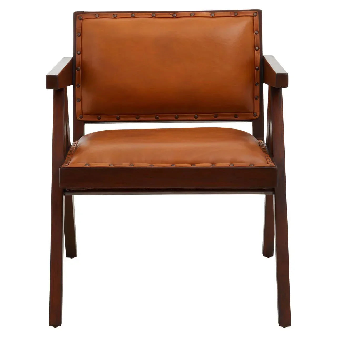 Brown leather armchair with wooden frame and studded detail, front view