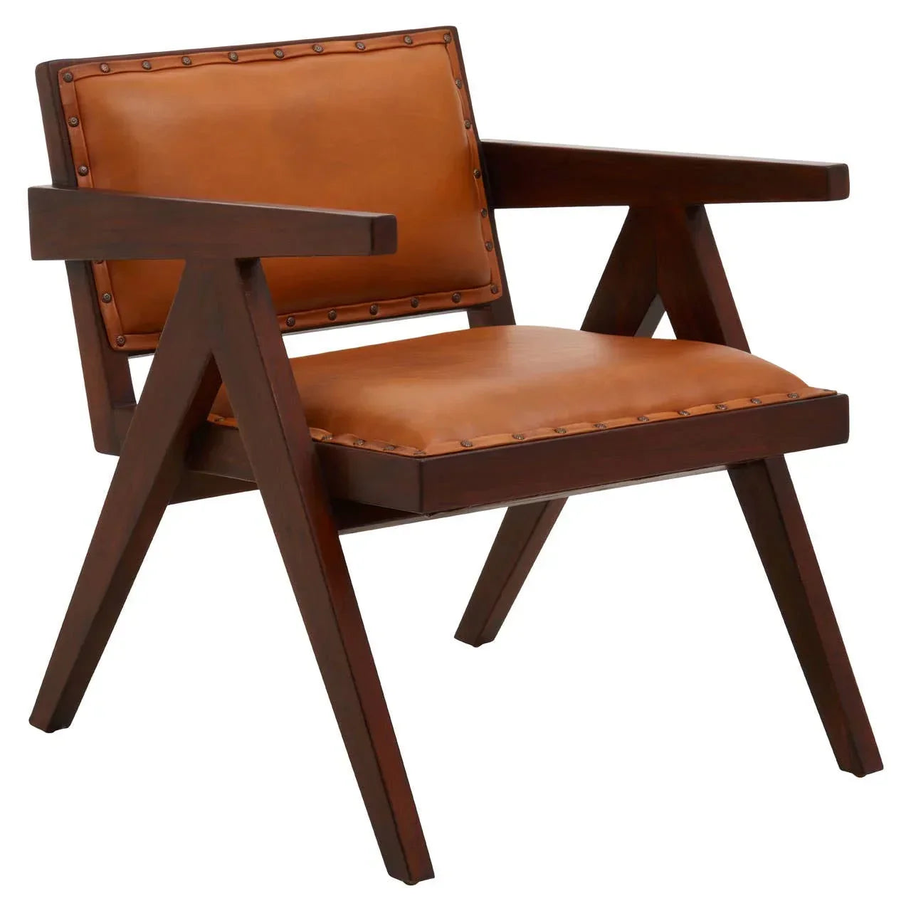 Brown leather accent chair with angled wooden frame and studded detailing