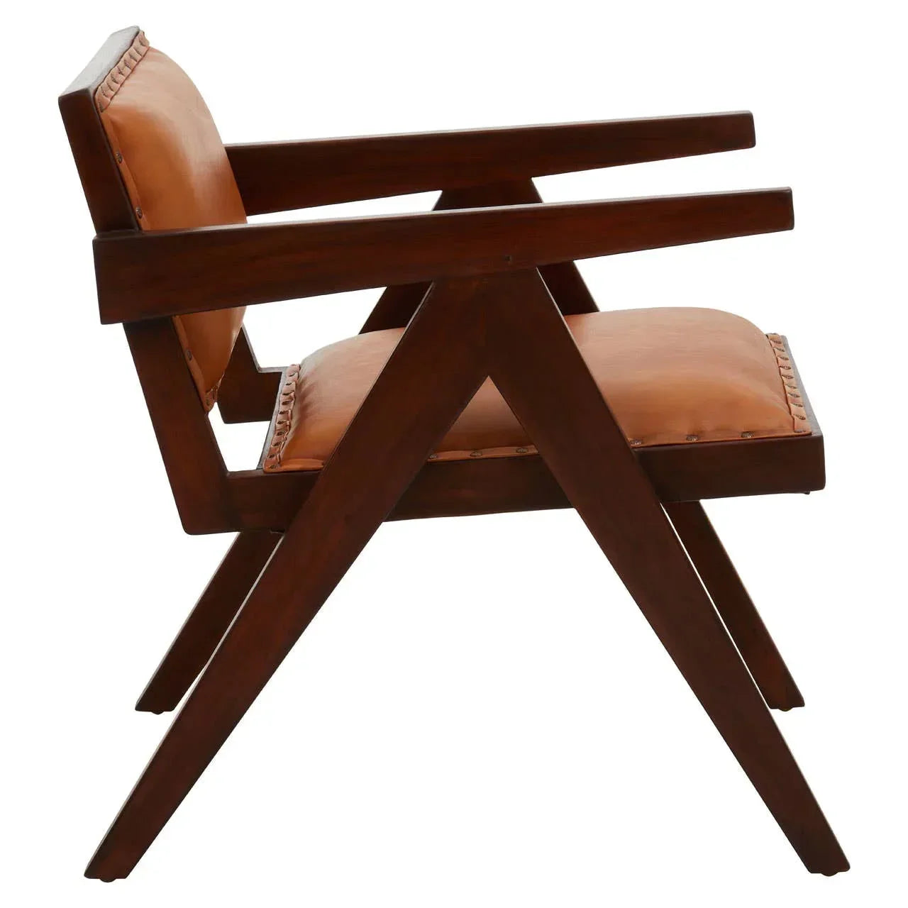 Side view of wooden accent chair with tan leather seat and backrest