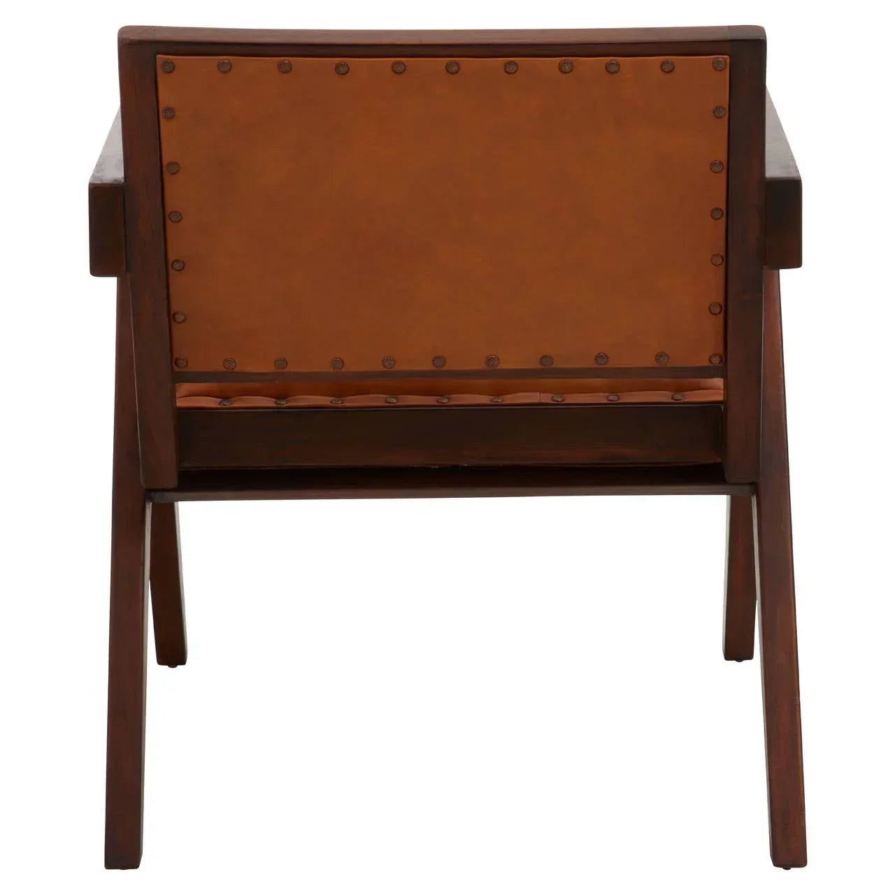 Rear view of wooden accent chair with brown leather backrest and stud detailing