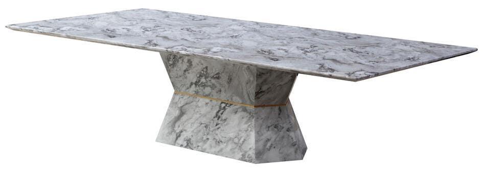 Rectangular marble dining table with pedestal base and modern grey veining design