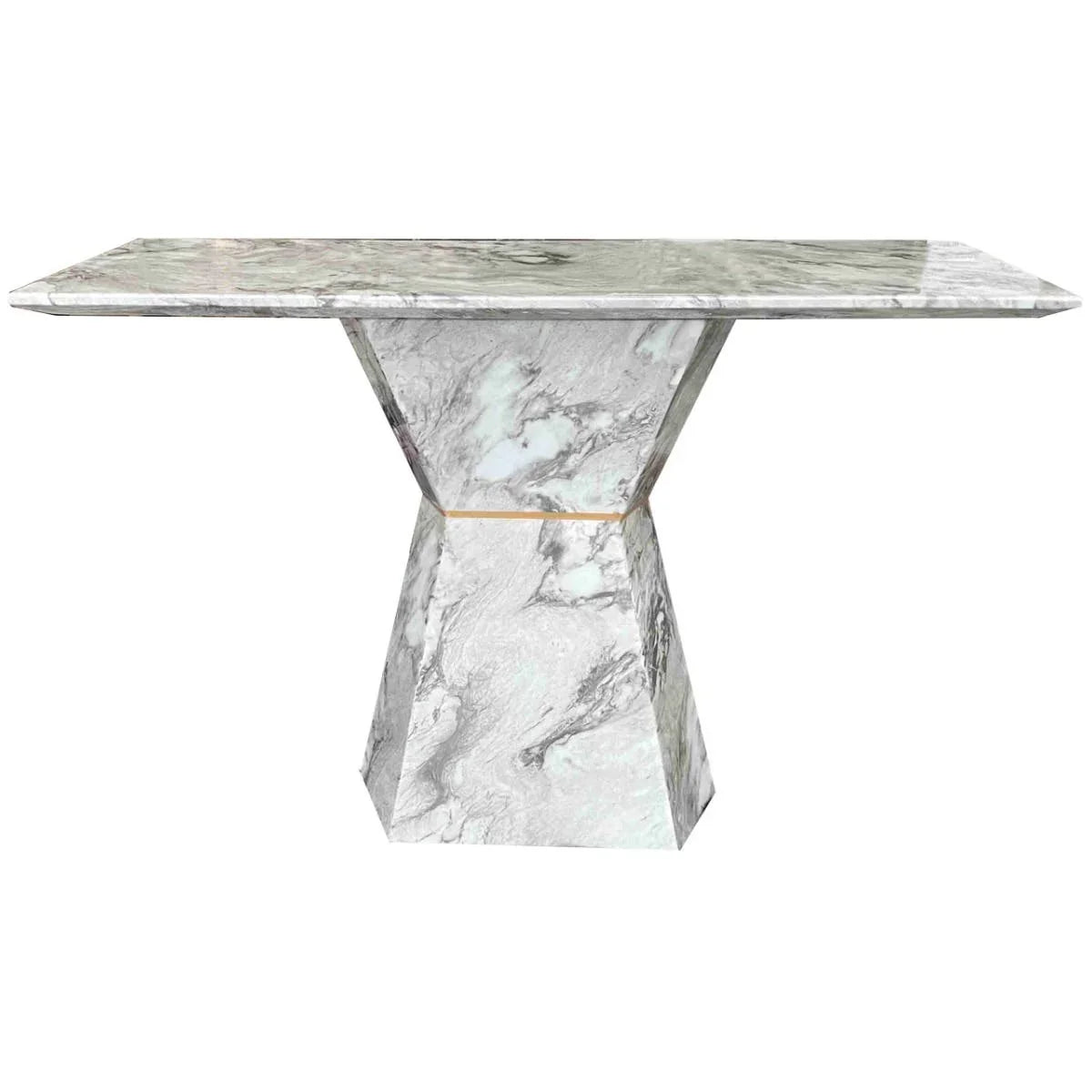 Rectangular marble console table with geometric pedestal base and grey veined finish
