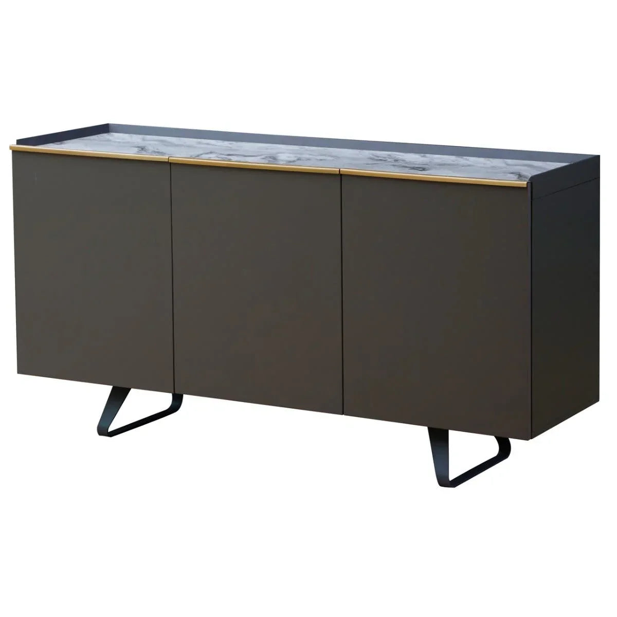 Modern sideboard with dark matt finish, marble effect top, gold trim and metal legs