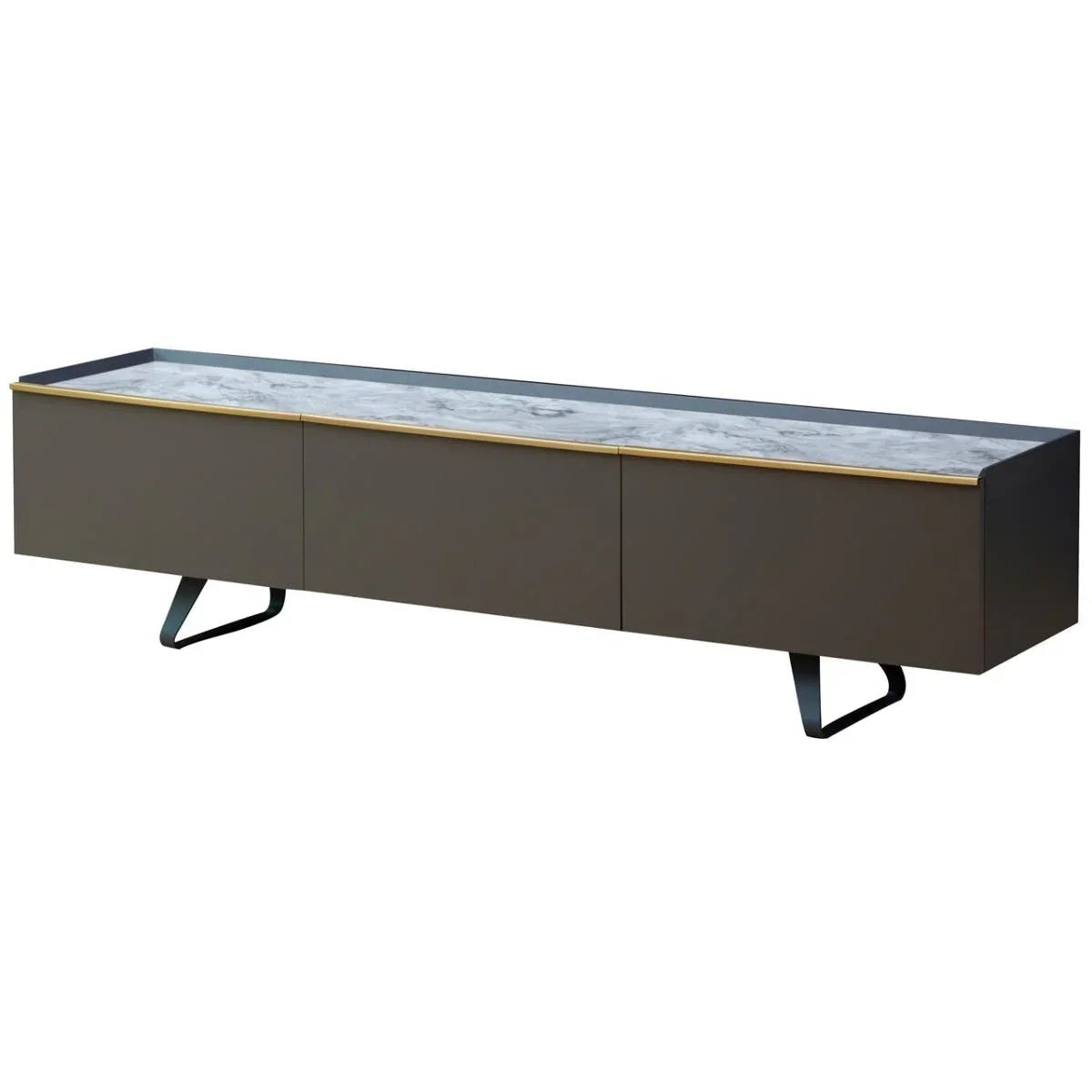 Low TV unit with marble effect top, matte finish and metal legs, front view