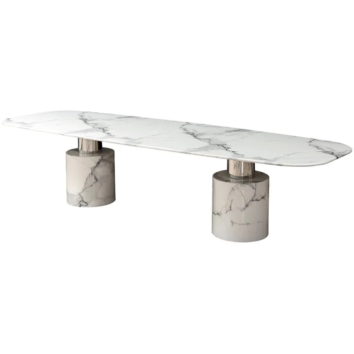 Modern marble dining table with oval top and cylindrical pedestal legs