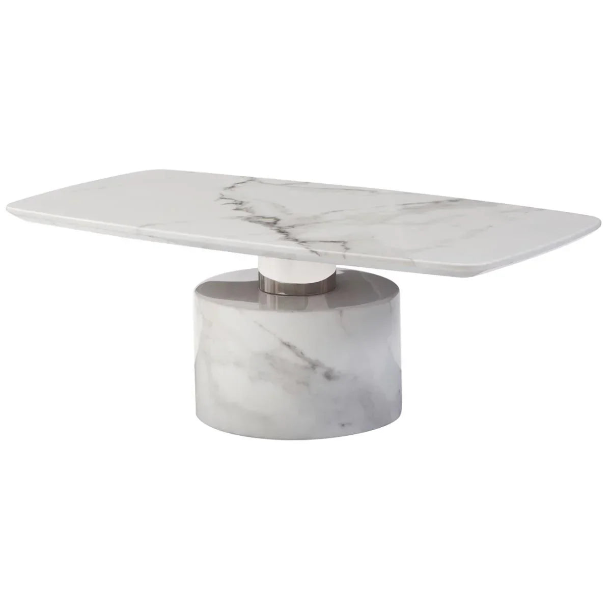 Rectangular marble coffee table with rounded edges and cylindrical marble base