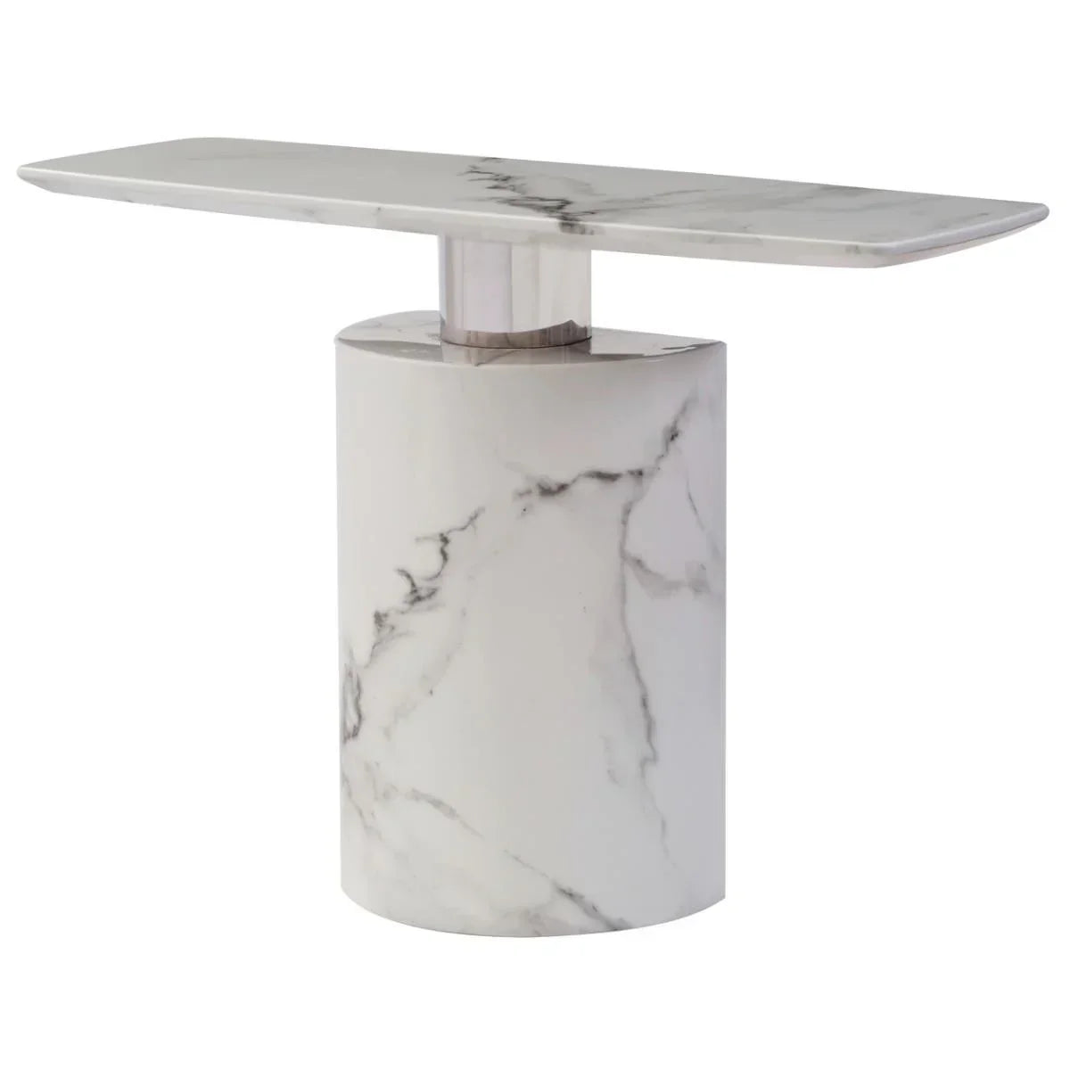 White marble console table with rectangular top and cylindrical base, modern design
