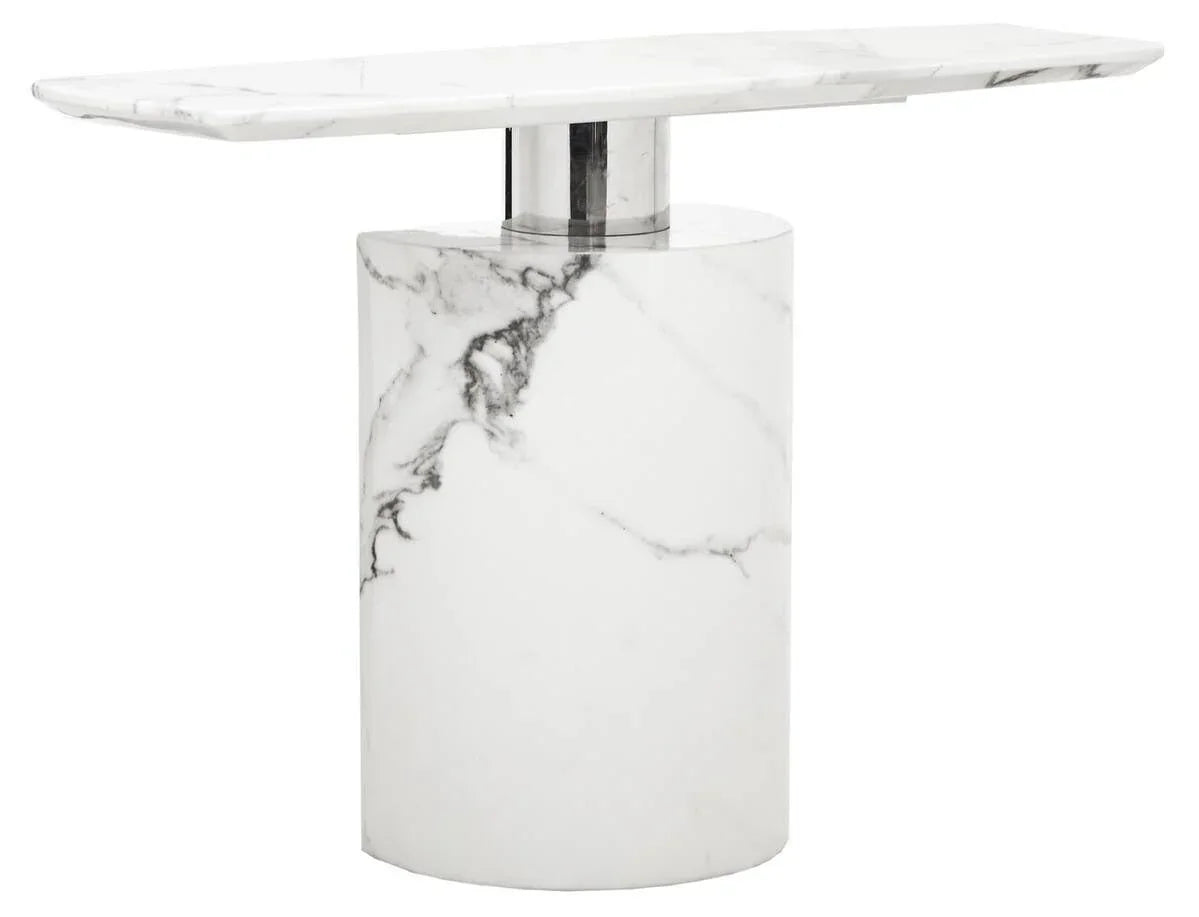 White marble console table with chrome accent and cylindrical base, modern hallway furniture