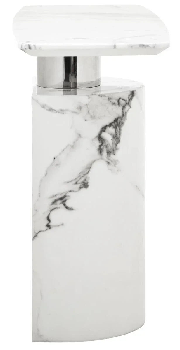 White marble side table with black veining and chrome accent base, modern design