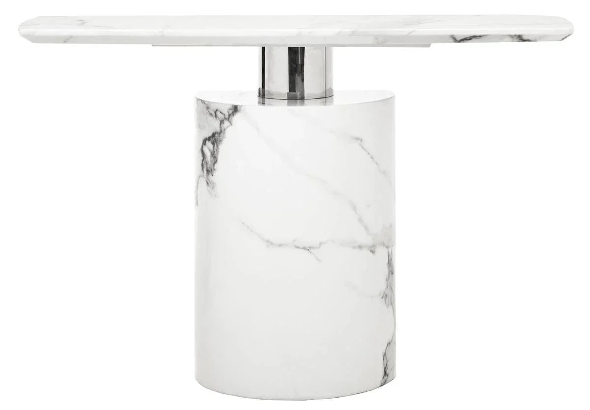 White marble console table with cylindrical base and chrome support, modern hallway furniture
