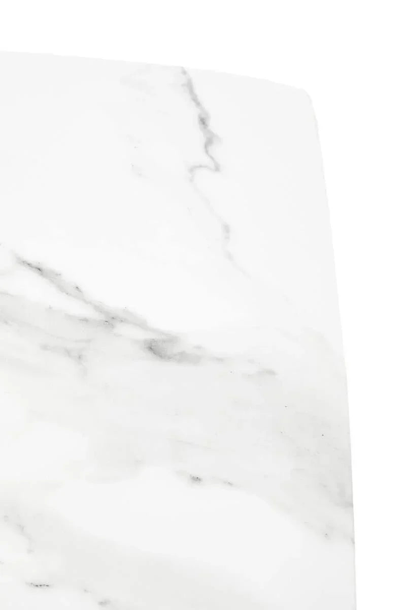 White marble tabletop with subtle grey veining, corner angle view