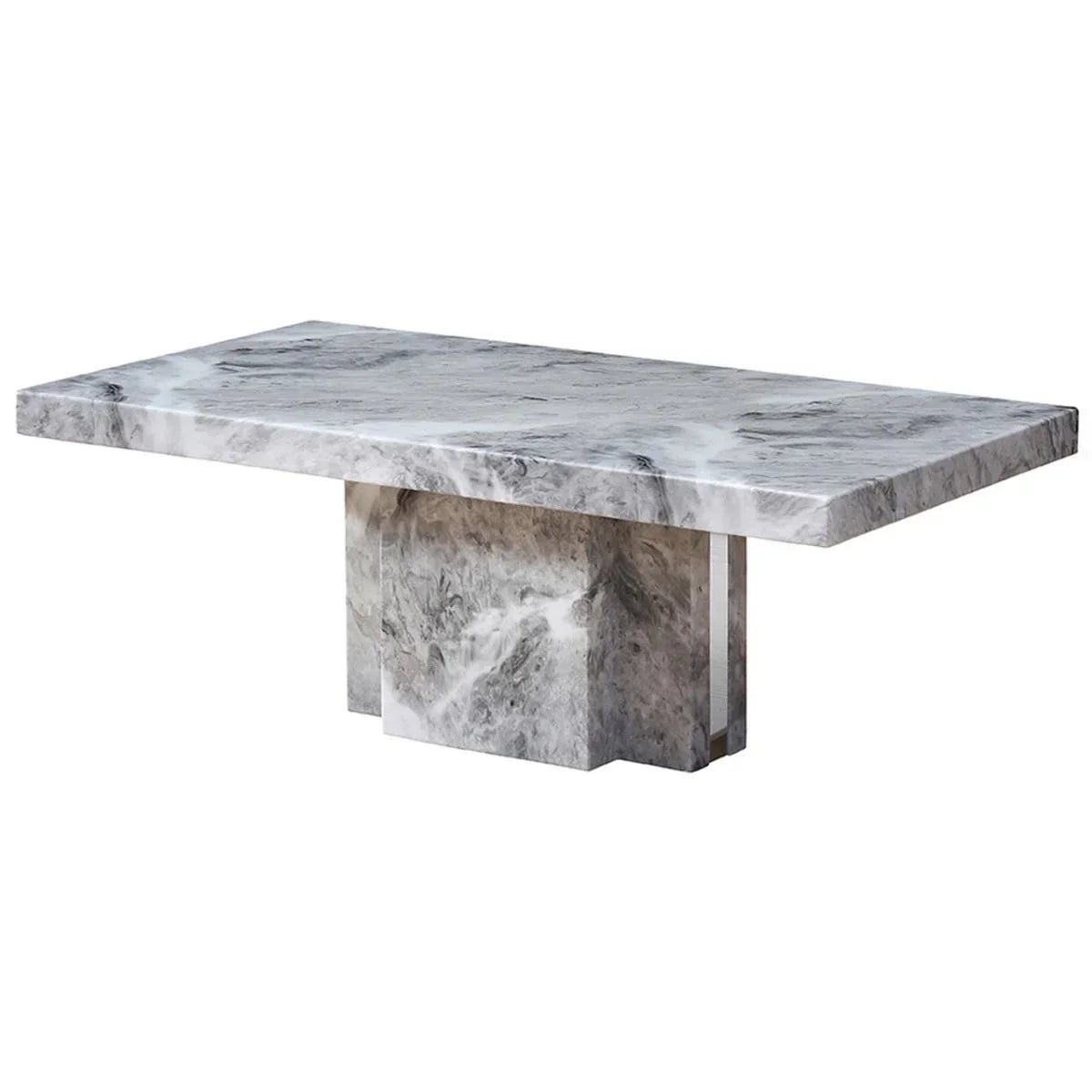 Rectangular marble dining table with grey veining and pedestal base