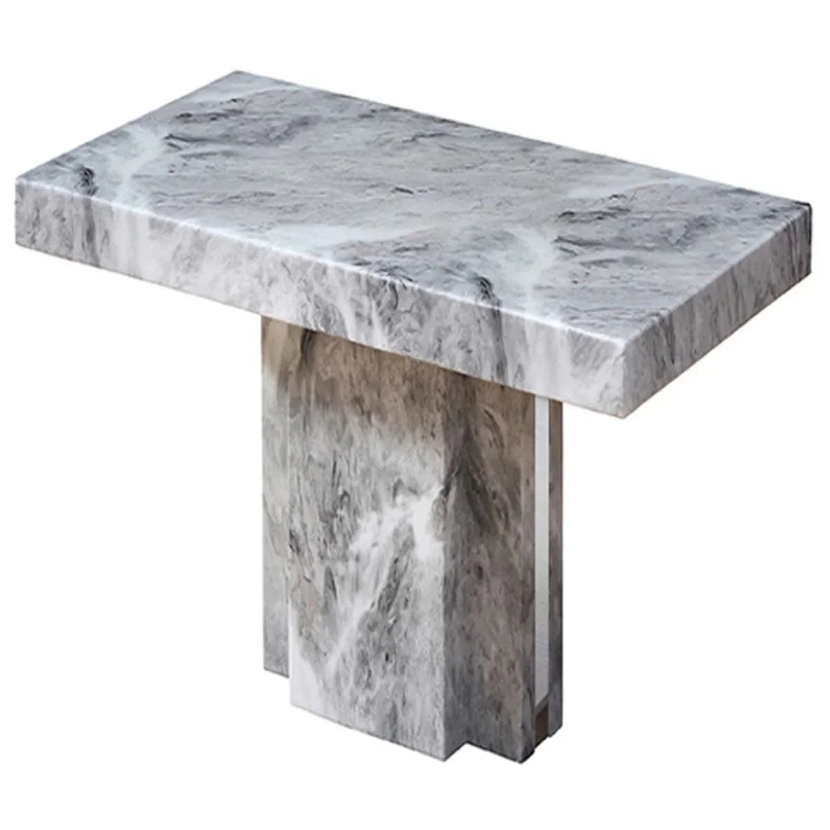 Rectangular marble dining table with grey and white veining and thick pedestal base