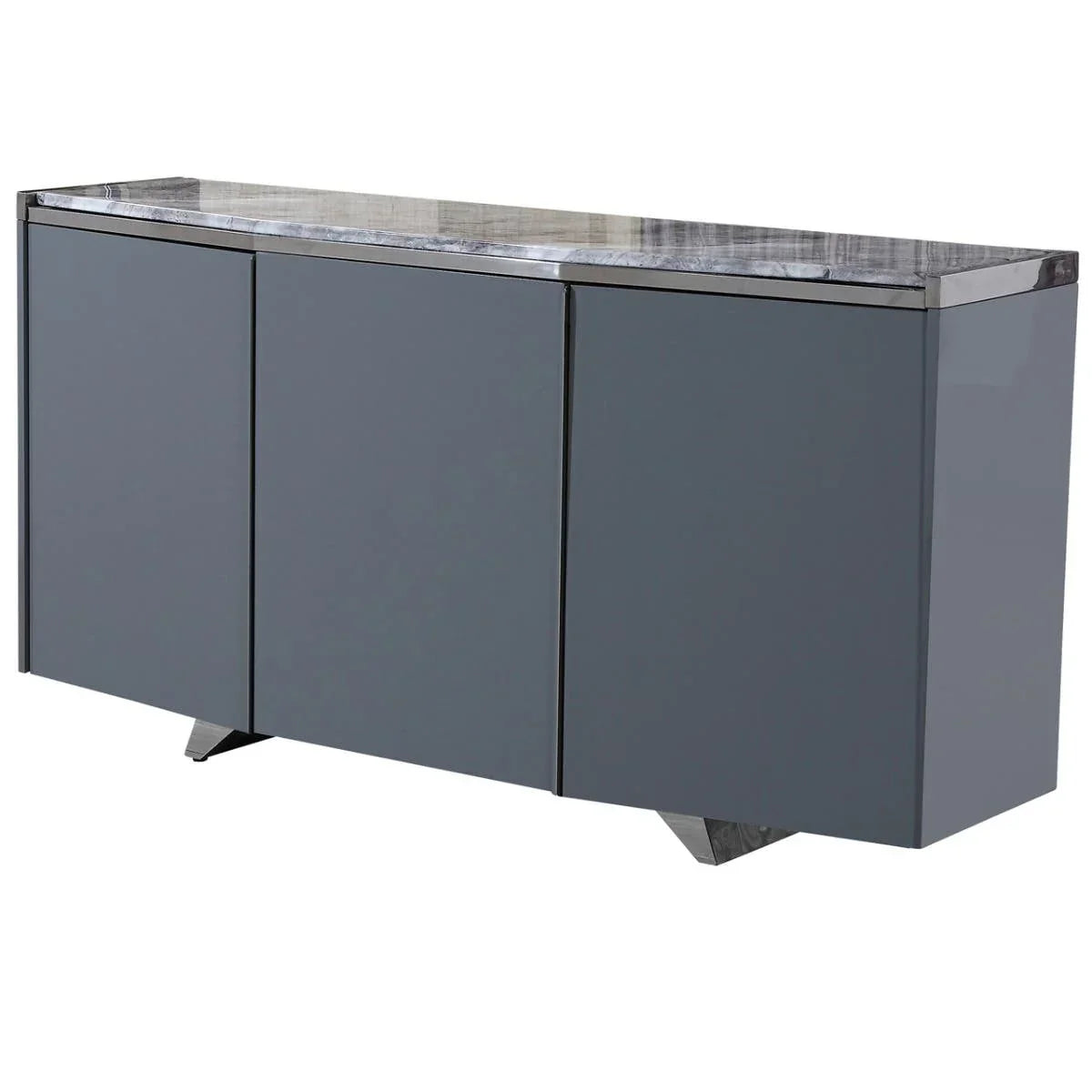 Grey gloss sideboard with three doors and marble effect top, angled front view