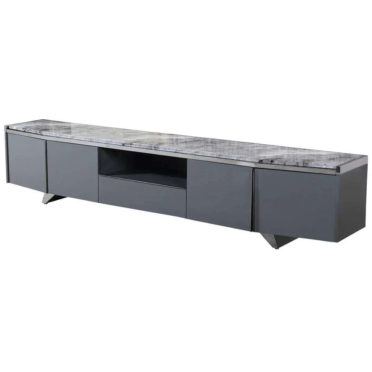 Grey TV unit with marble effect top, three drawers, open shelf and modern legs