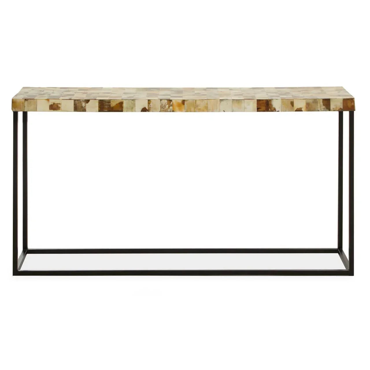 Console table with mosaic stone top and black metal frame, front view