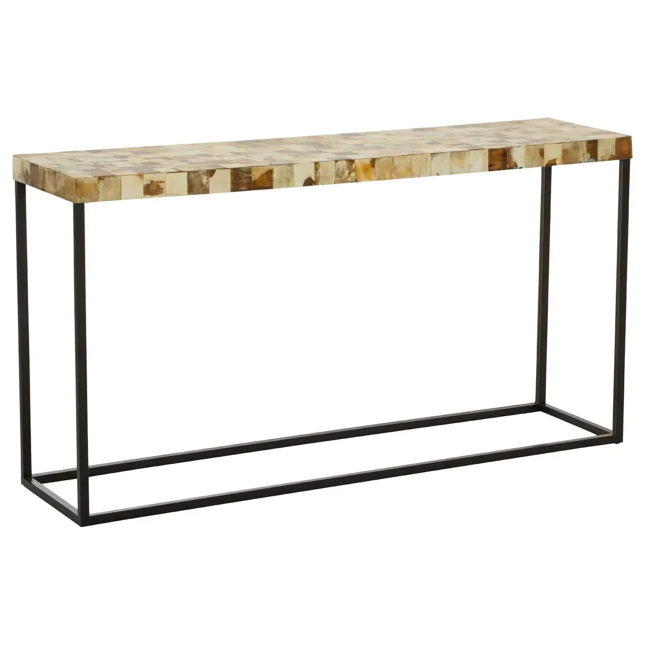 Rectangular console table with mosaic wood top and slim black metal frame