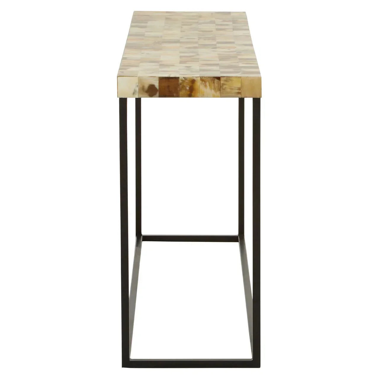 Slim console table with mosaic wood top and black metal frame, viewed from the side