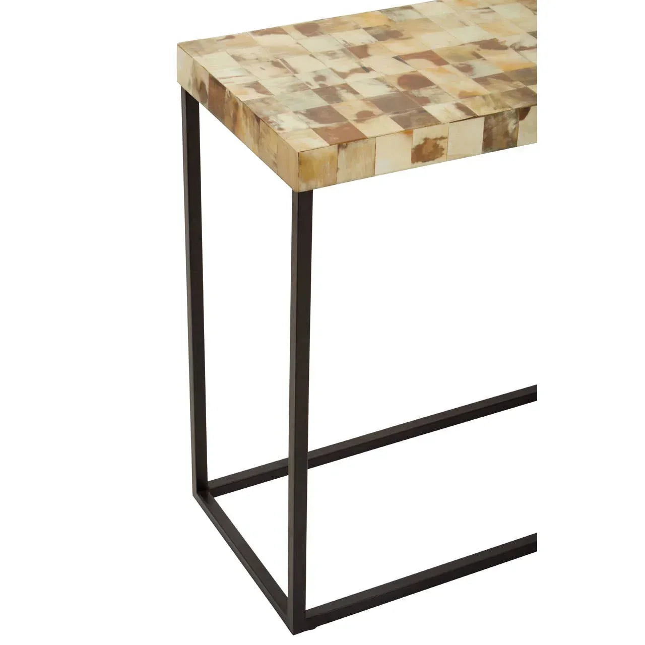 side table with mosaic wood top and black metal frame, close corner view