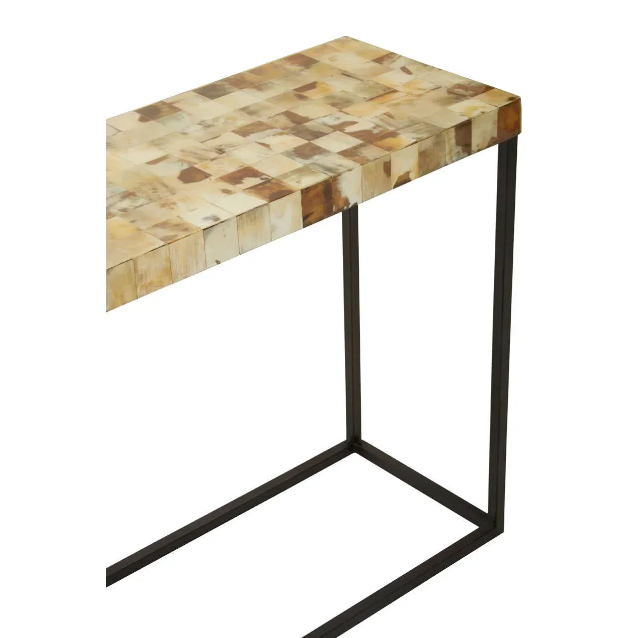 Rectangular console table with mosaic wood top and black metal frame, side angle view