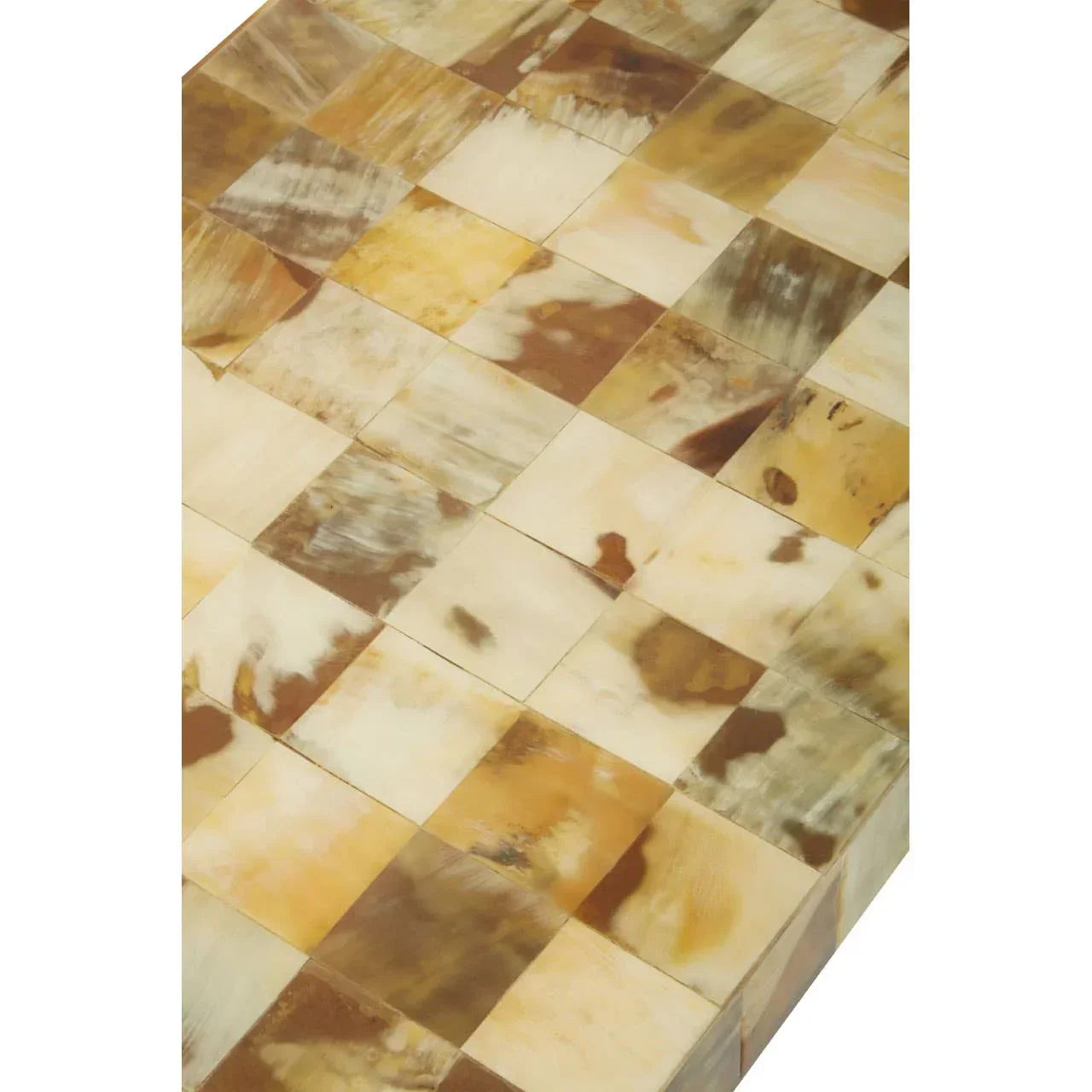 brown and cream mosaic tabletop with square tiles and natural horn pattern