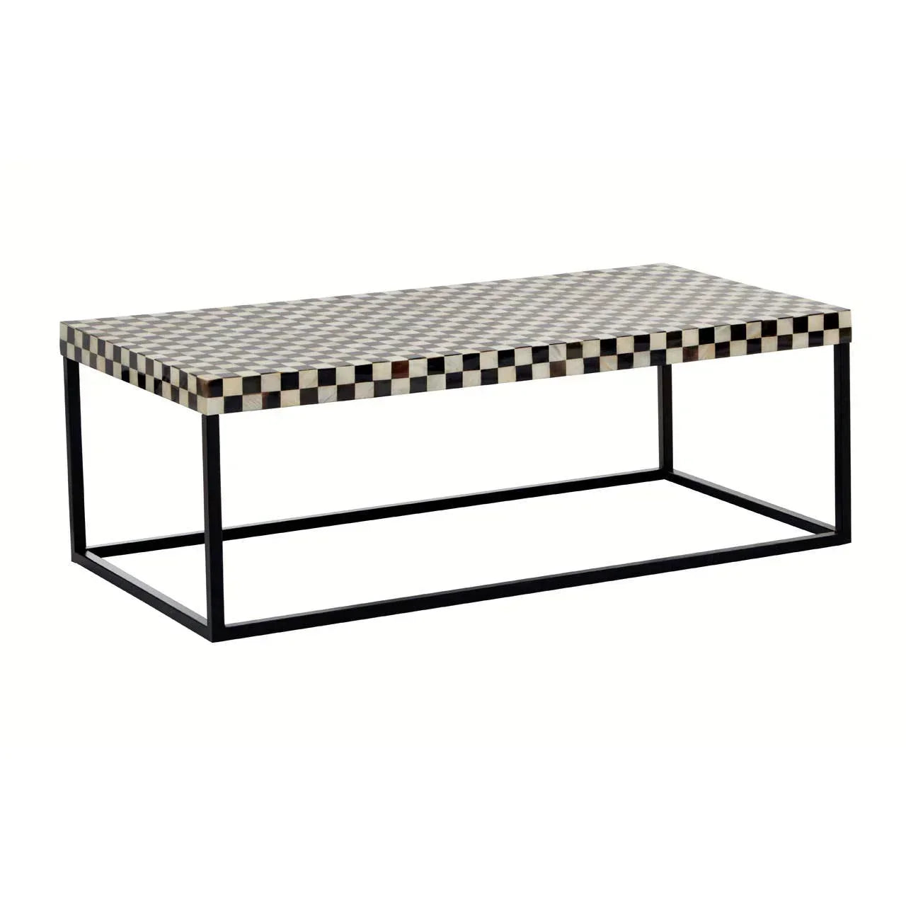 Rectangular coffee table with checkered top and black metal frame