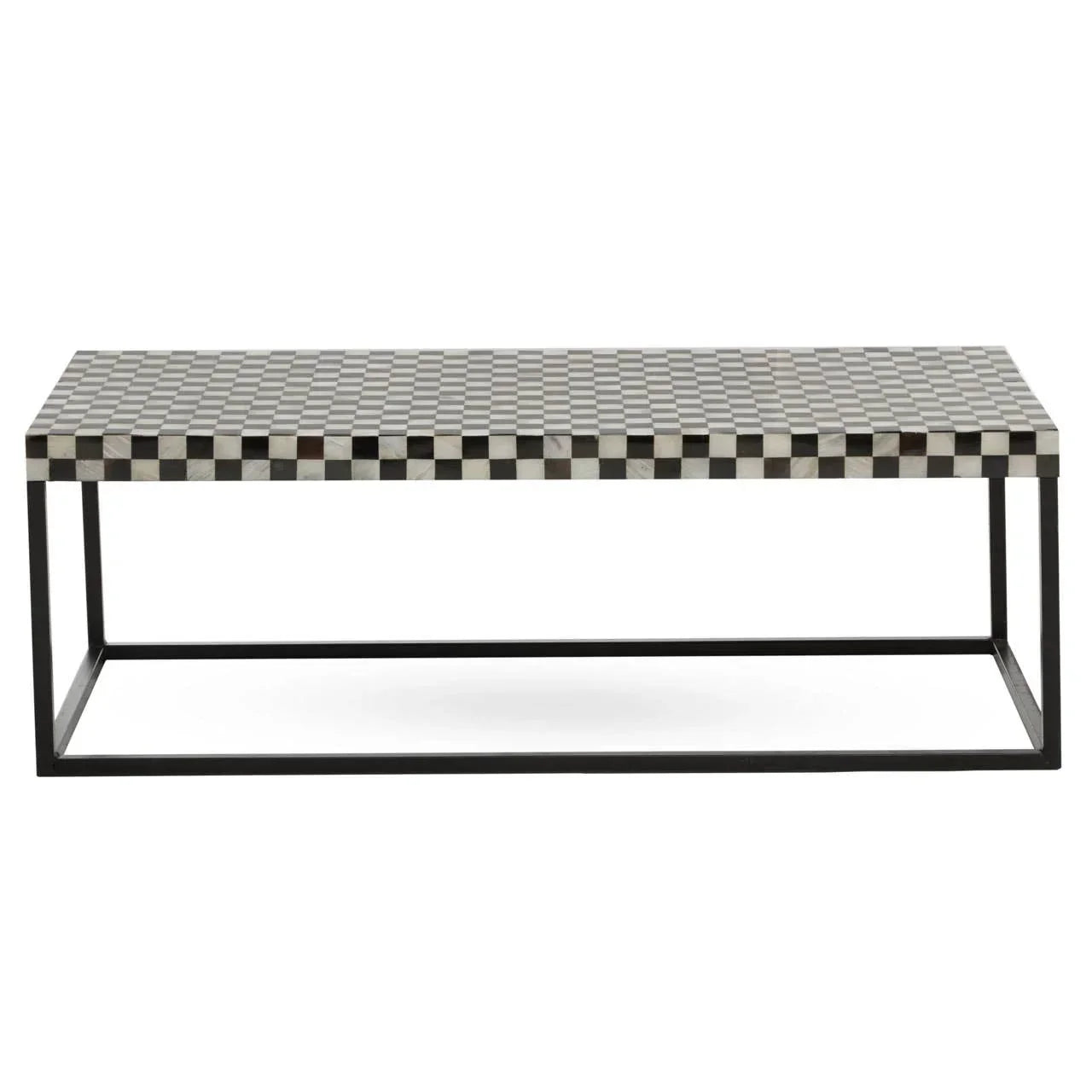 Rectangular coffee table with black and white checkered top and black metal frame