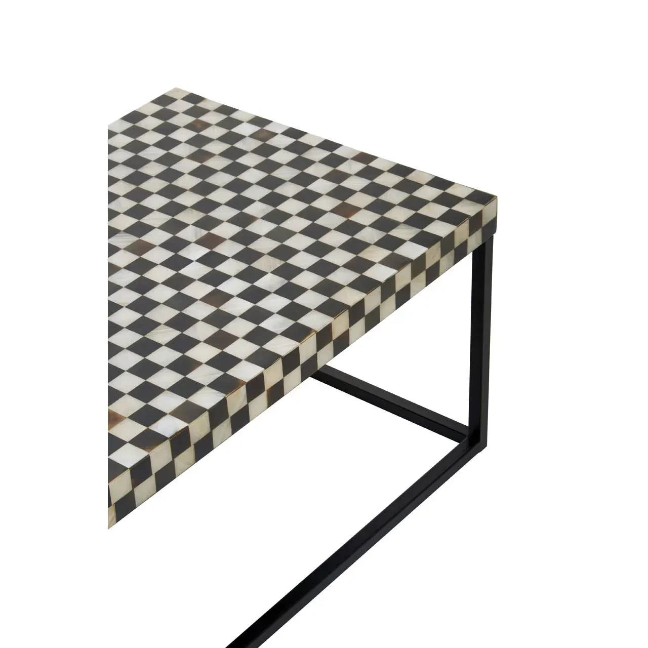 Checkered coffee table with black metal legs and geometric patterned tabletop