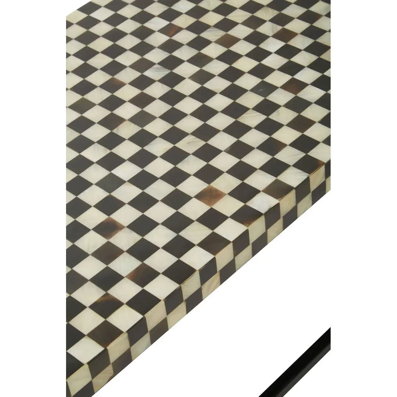 Black and white checkered dining table top with geometric pattern detail