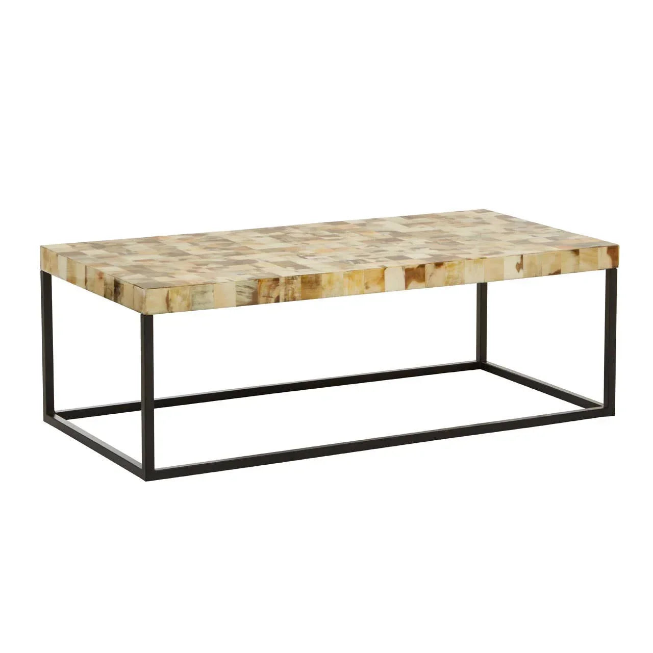 Rectangular coffee table with mosaic bone top and black metal frame